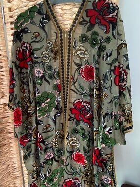 Urban Outfitters Olive Sheer Floral Burnout Jacket with Blue Embroidery